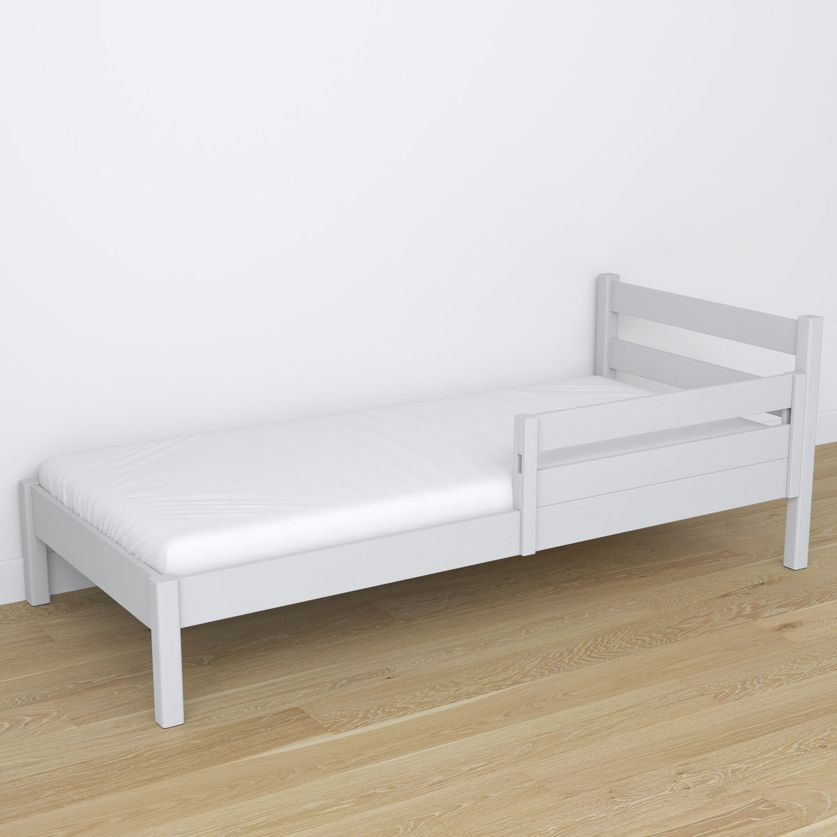 Children’s bed safety rail grey – side view, wooden