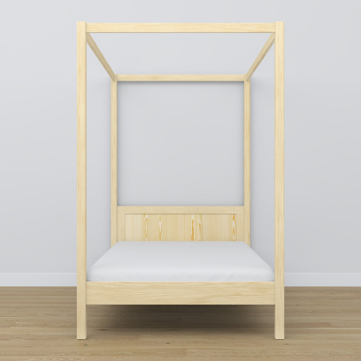 Wooden clear pine canopy bed – close-up of canopy and headboard