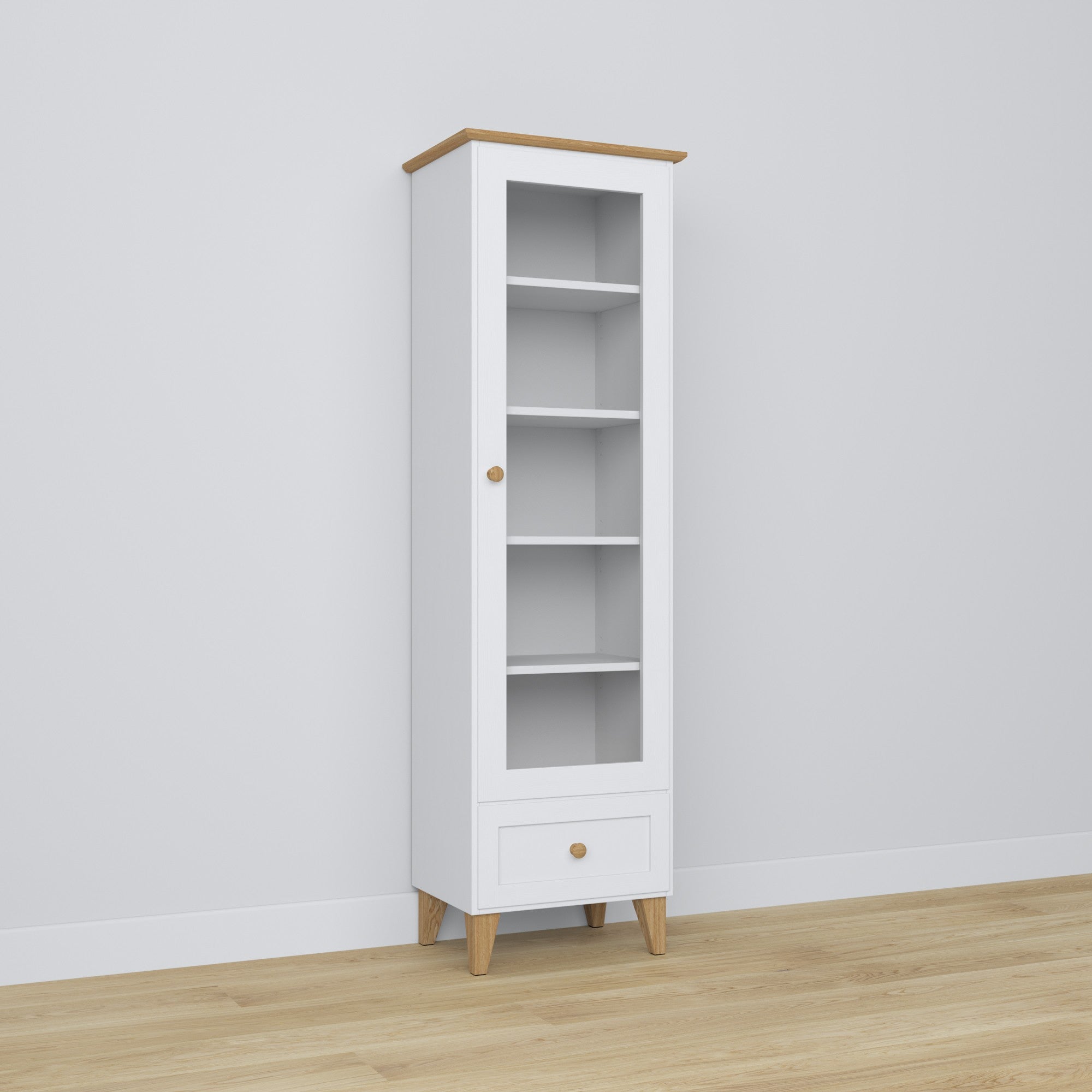Display cabinet 1S 57 white with oak – wooden, glass door, front view