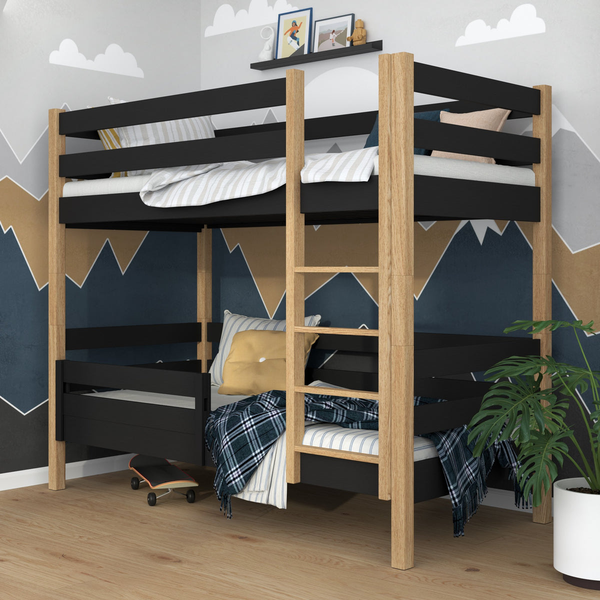 Children’s bed safety rail black – side view, wooden