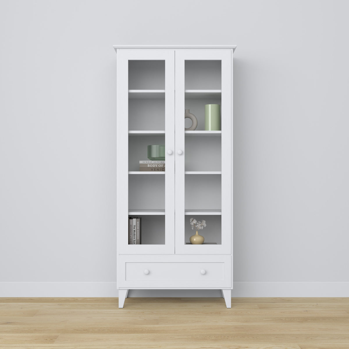 Display cabinet with drawer wooden white 90 cm – living room, Scandinavian style Nizio