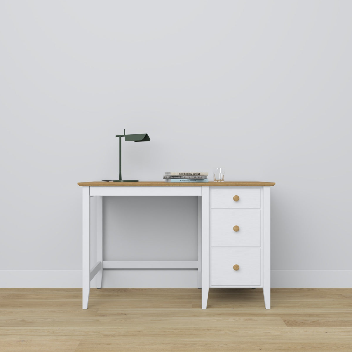 Desk 3S wooden white with oak – open drawers, document storage compartments