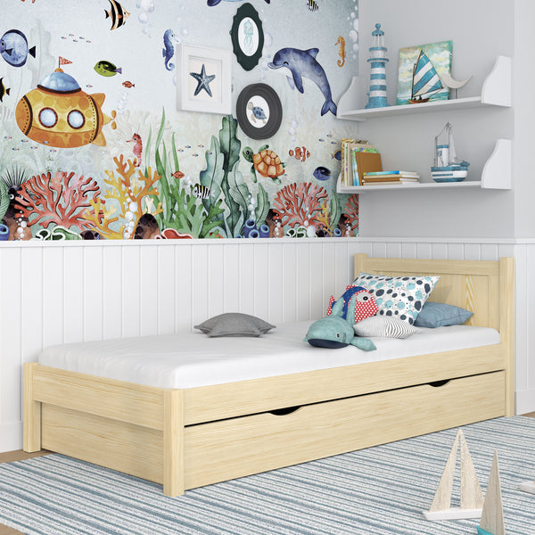 Single bed with drawer wooden clear pine – children’s room, scandi style