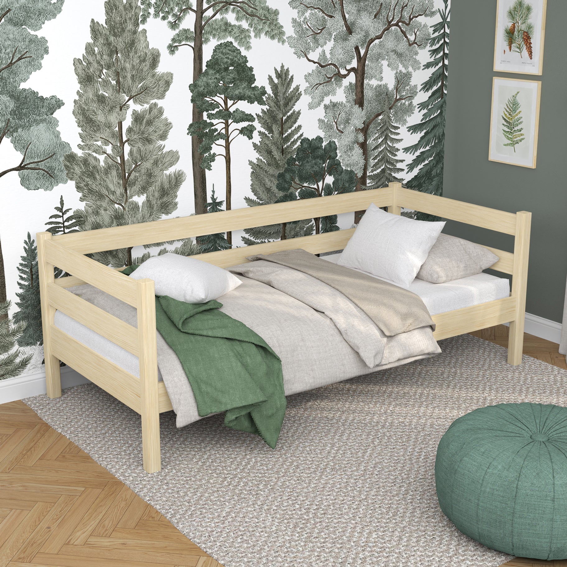 Clear pine sofa bed in a child’s room – scandi arrangement, wooden