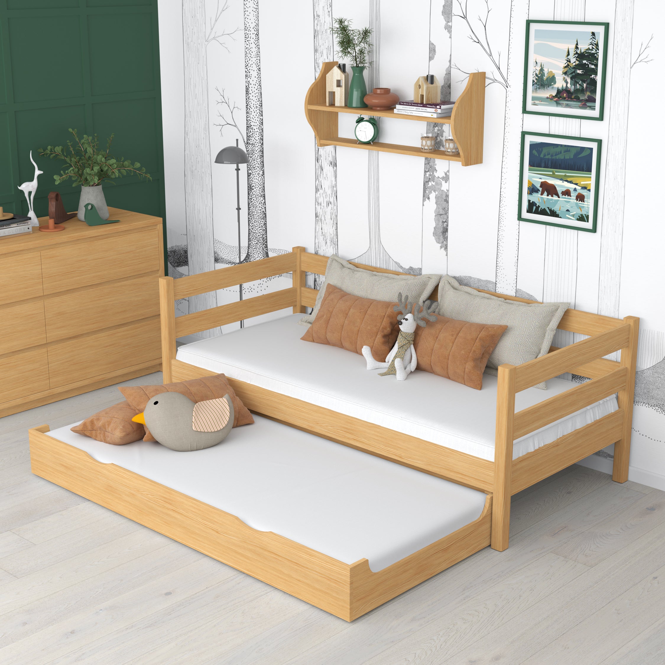 Sofa bed wooden natural pine – mattress drawer pulled out, for guests