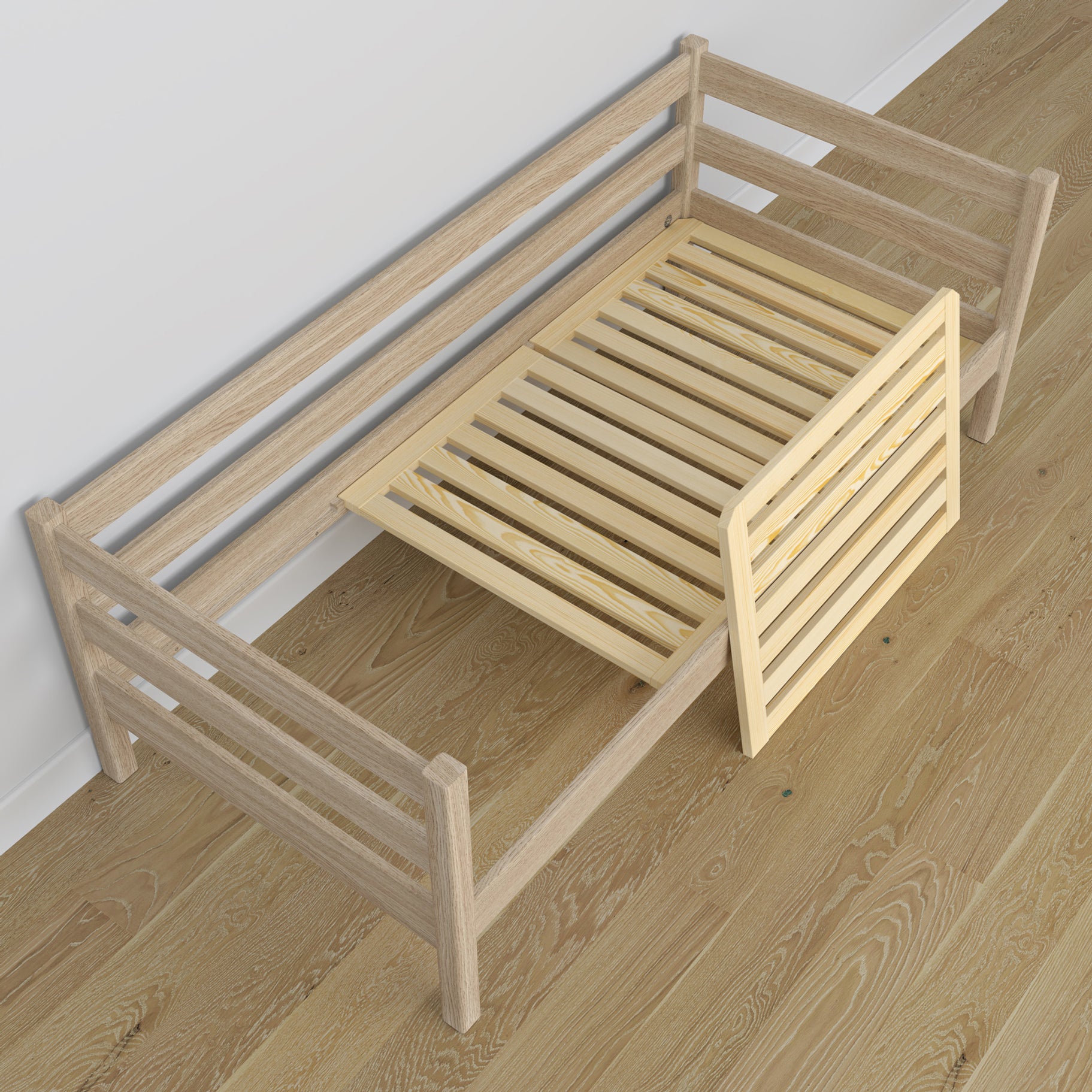 Bleached oak sofa bed with mattress drawer made of oak – dimensions, Nizio