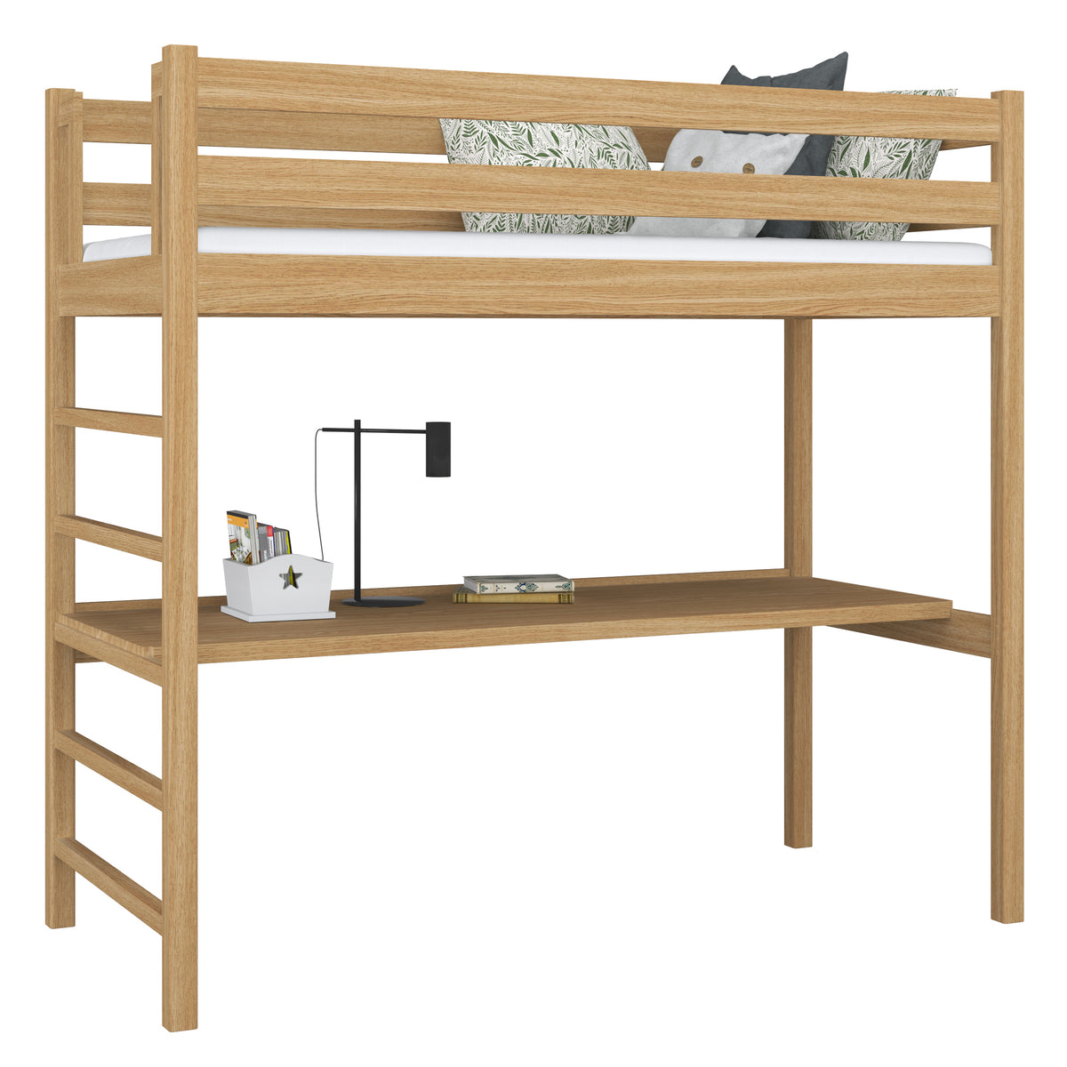 Loft bed natural oak with desk – study space under the sleeping area, oak