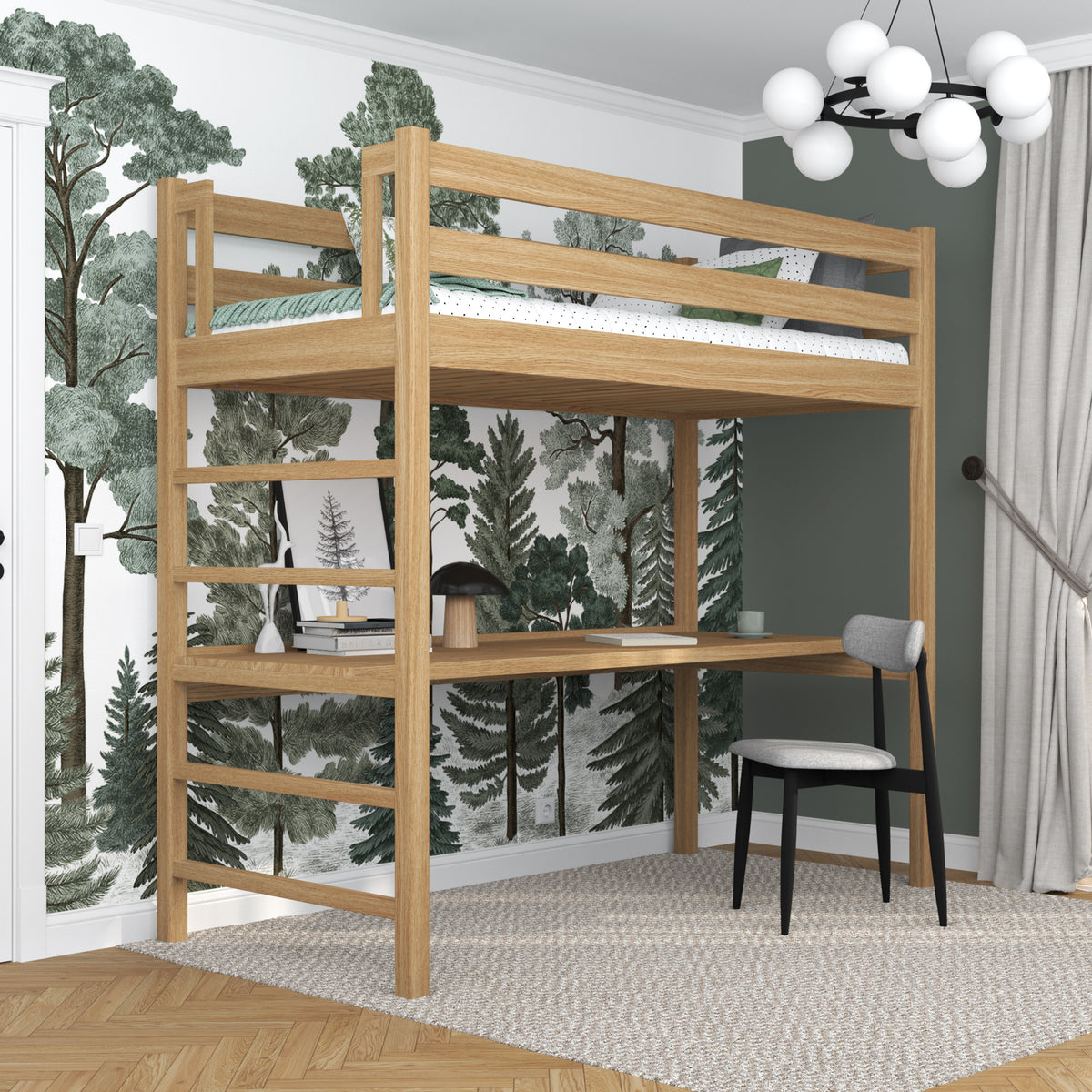 Oak Loft Bed with Desk Natural Oak – Ladder and Safety Rail