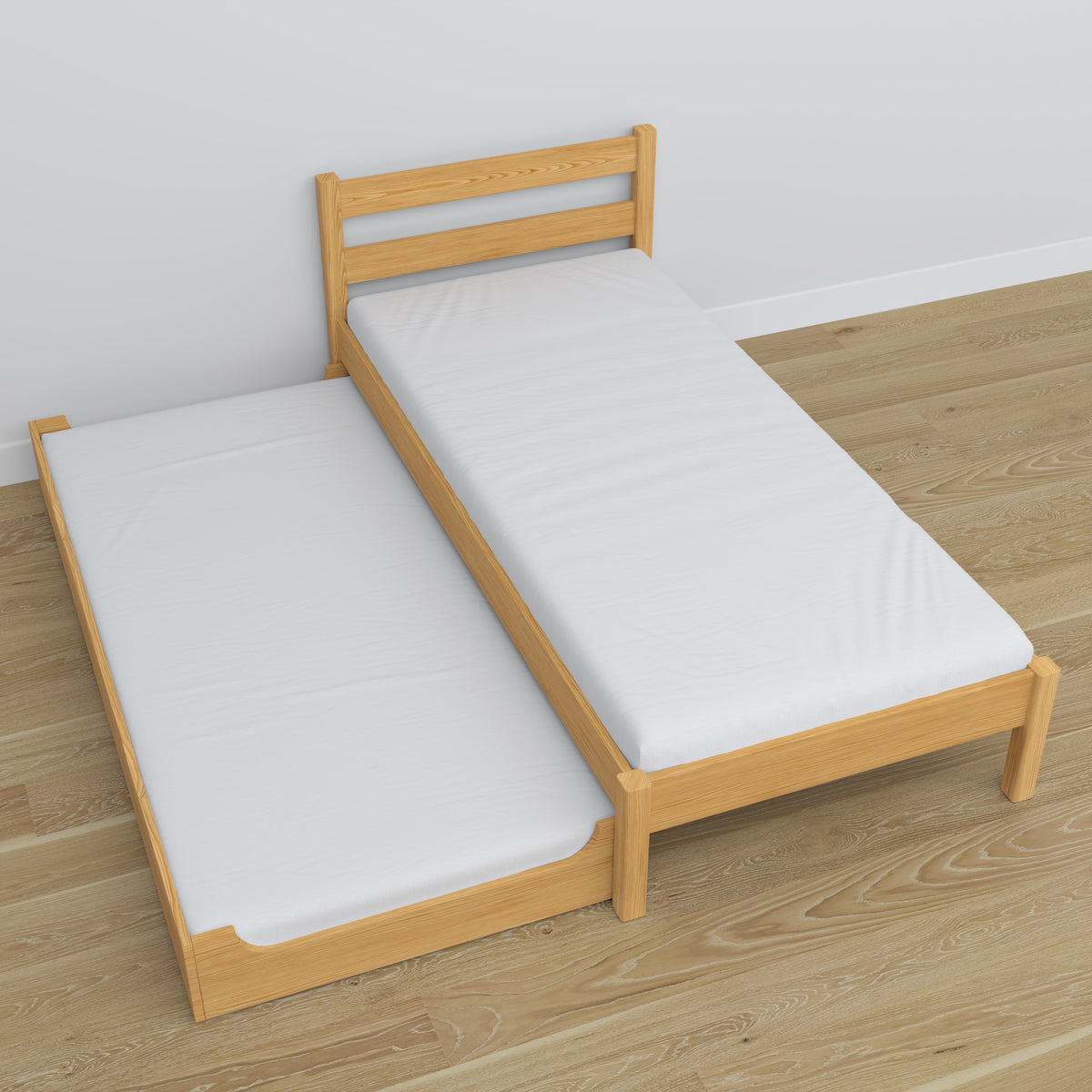 Bed with mattress drawer natural pine made of wood – dimensions, Nizio