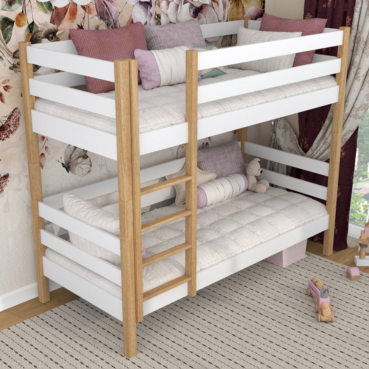 White and Oak Bunk Bed in Children’s Room – Scandi Arrangement, Wooden