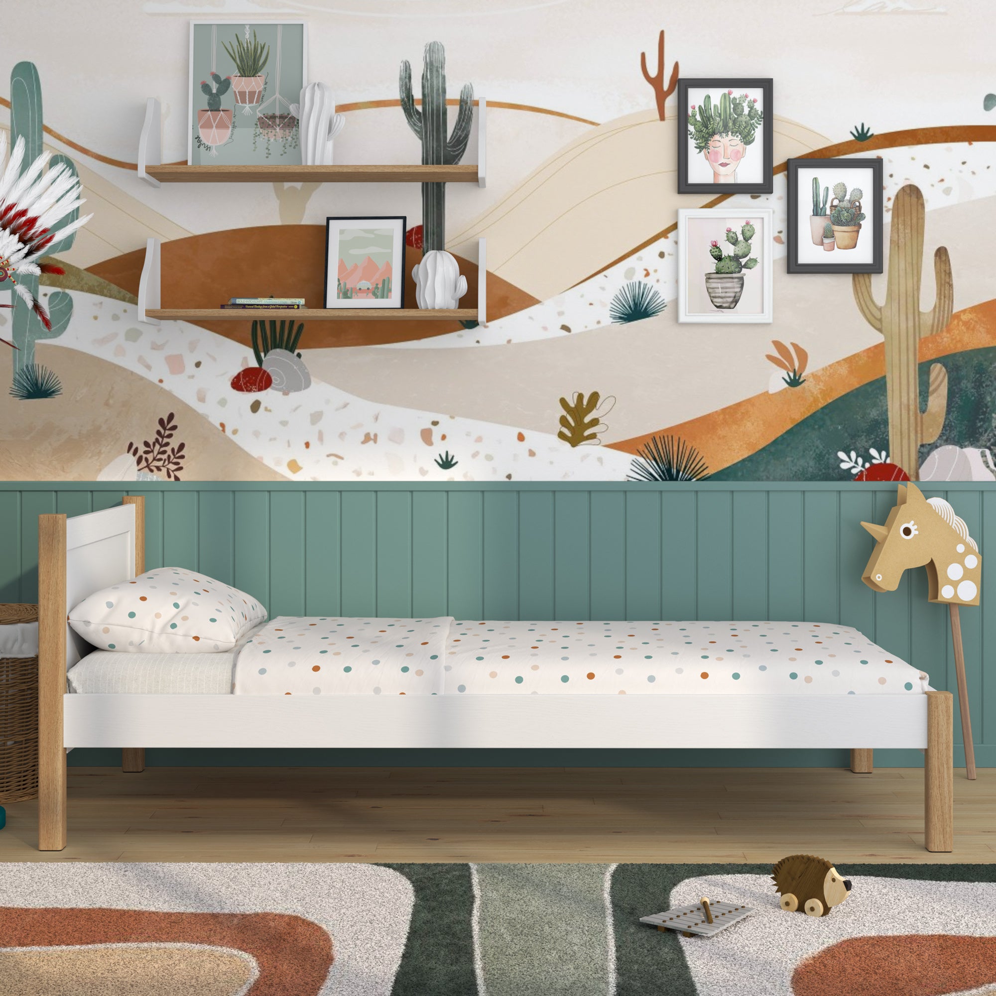 Bed white/oak in children’s room – Scandinavian arrangement, wooden