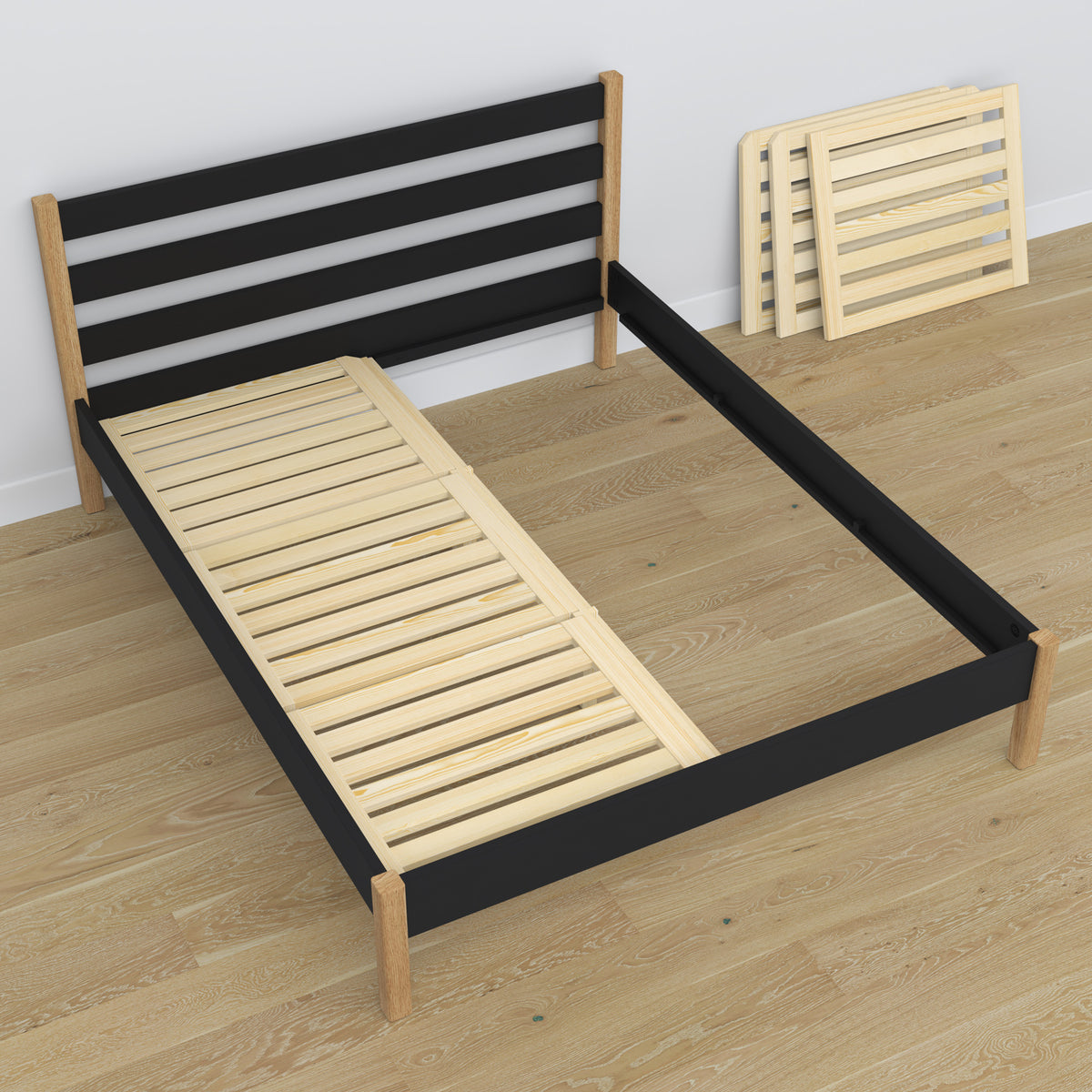 Double bed black and oak – wooden rear headboard, Nizio Home