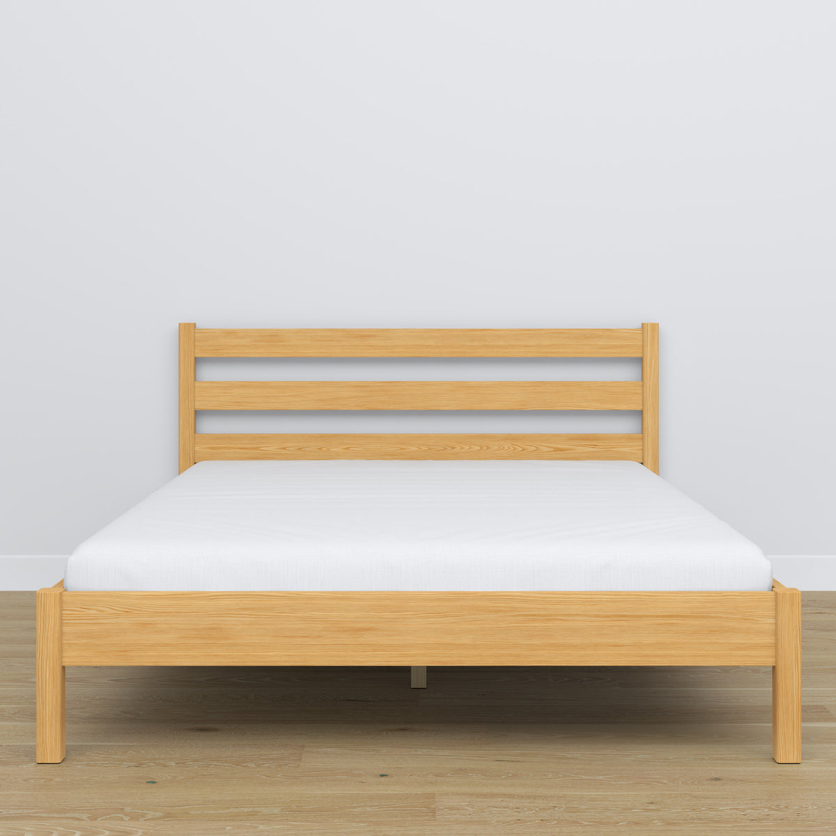 Wooden double bed natural pine – side view, proportions and shape, bedroom