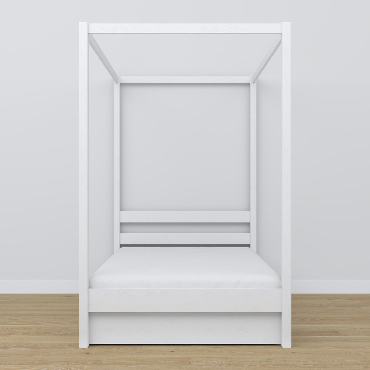 Wooden white canopy bed – angled view, craftsmanship quality