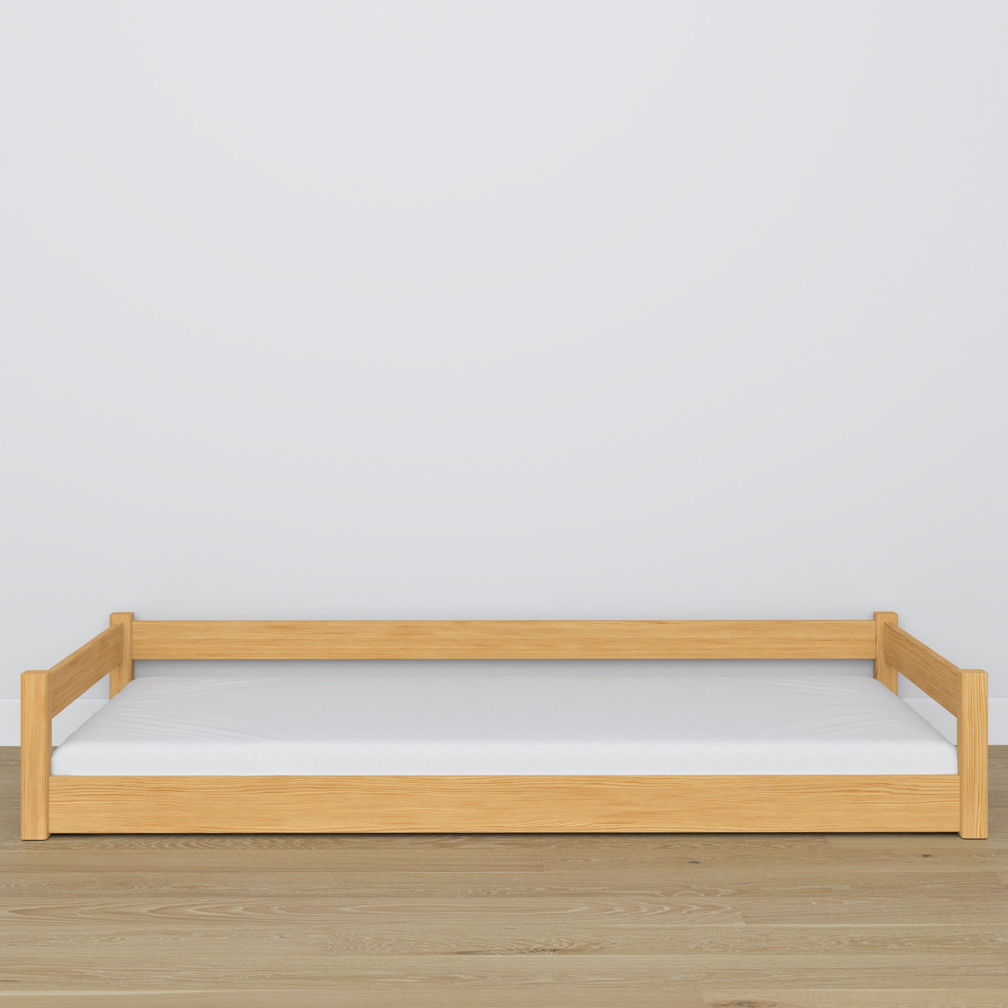 Low Wooden Natural Pine Bed – Low Frame, Side View, Scandi Bedroom