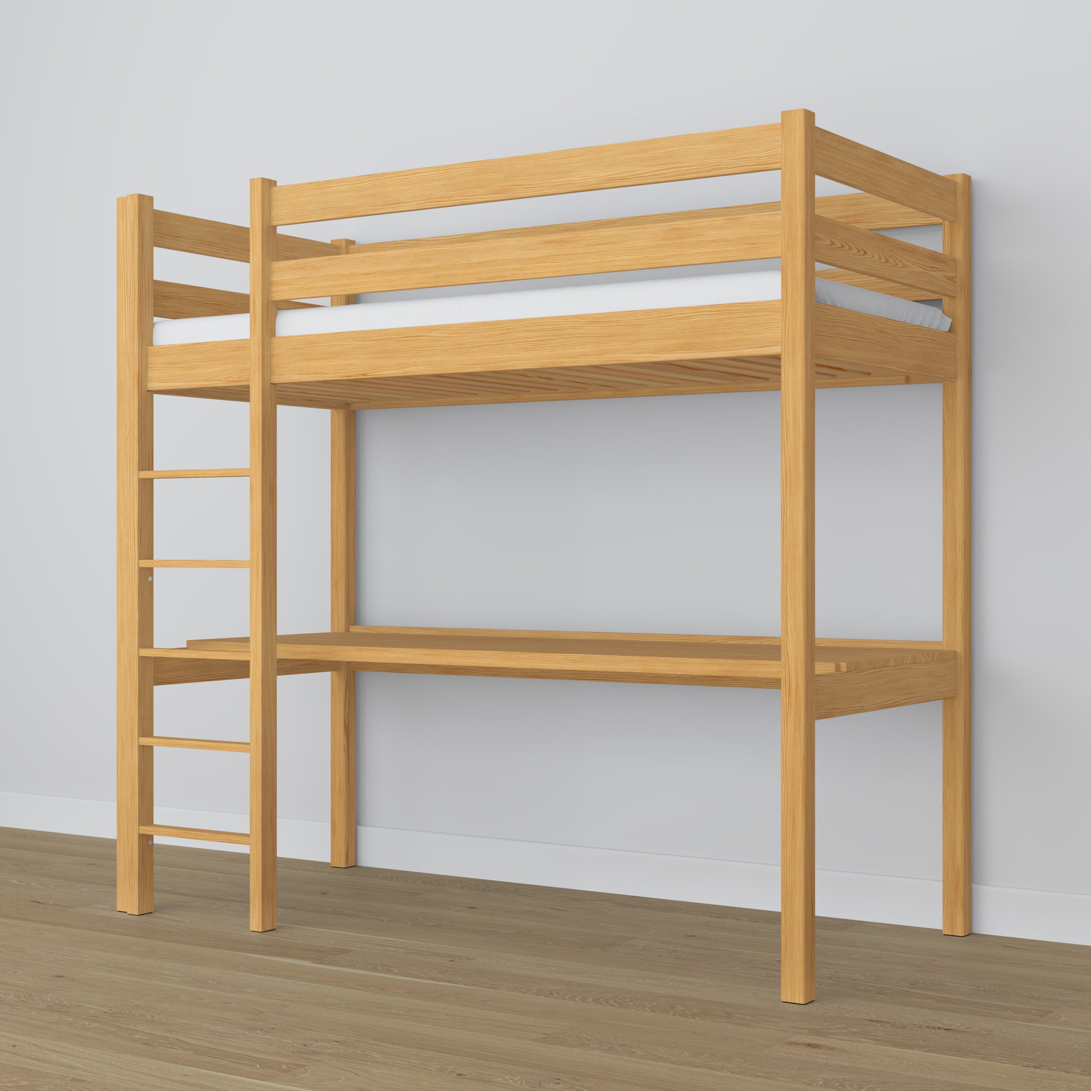 Loft bed natural pine – wooden desk under the sleeping area, scandi children’s room