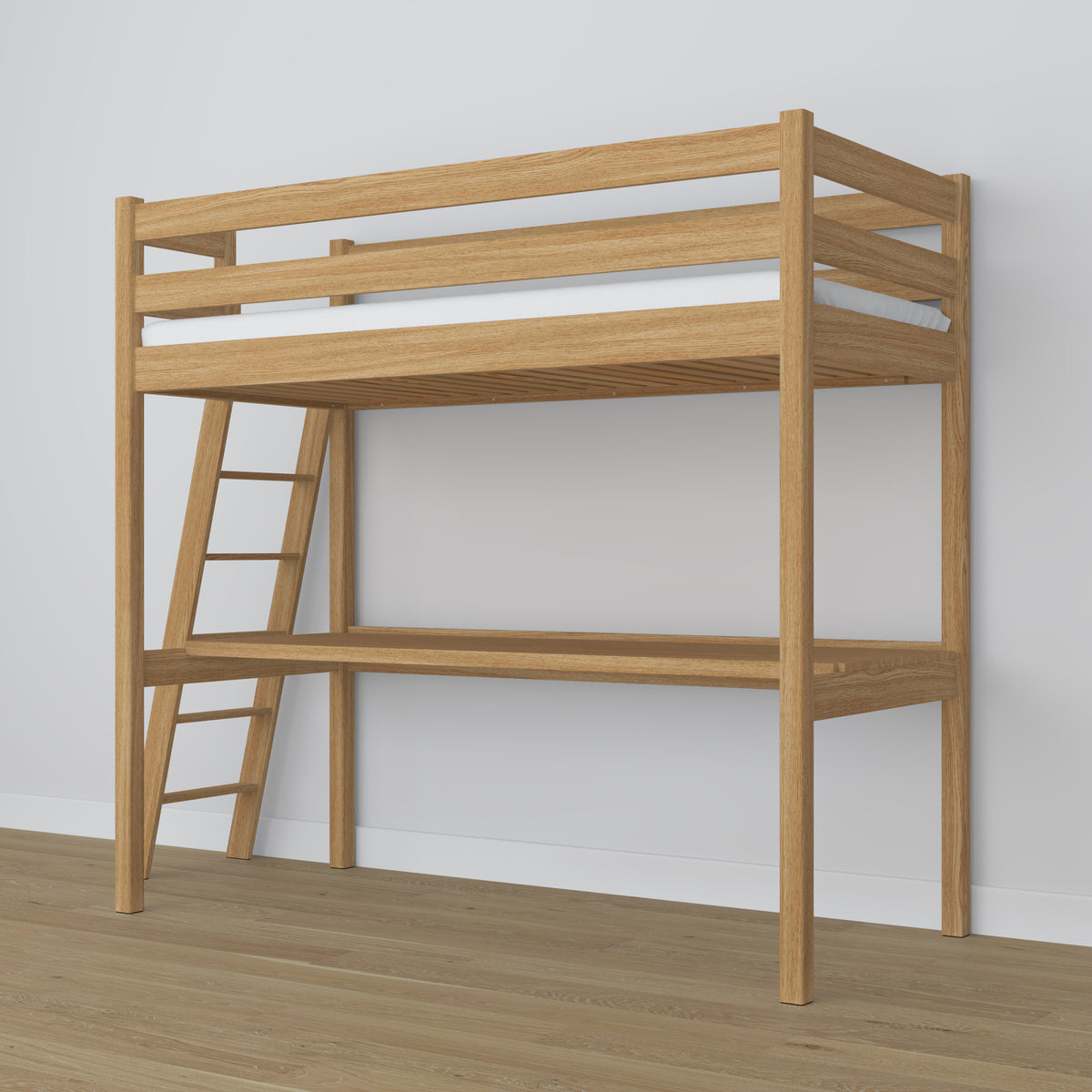 Loft bed natural oak – oak desk under the sleeping area, scandi children’s room