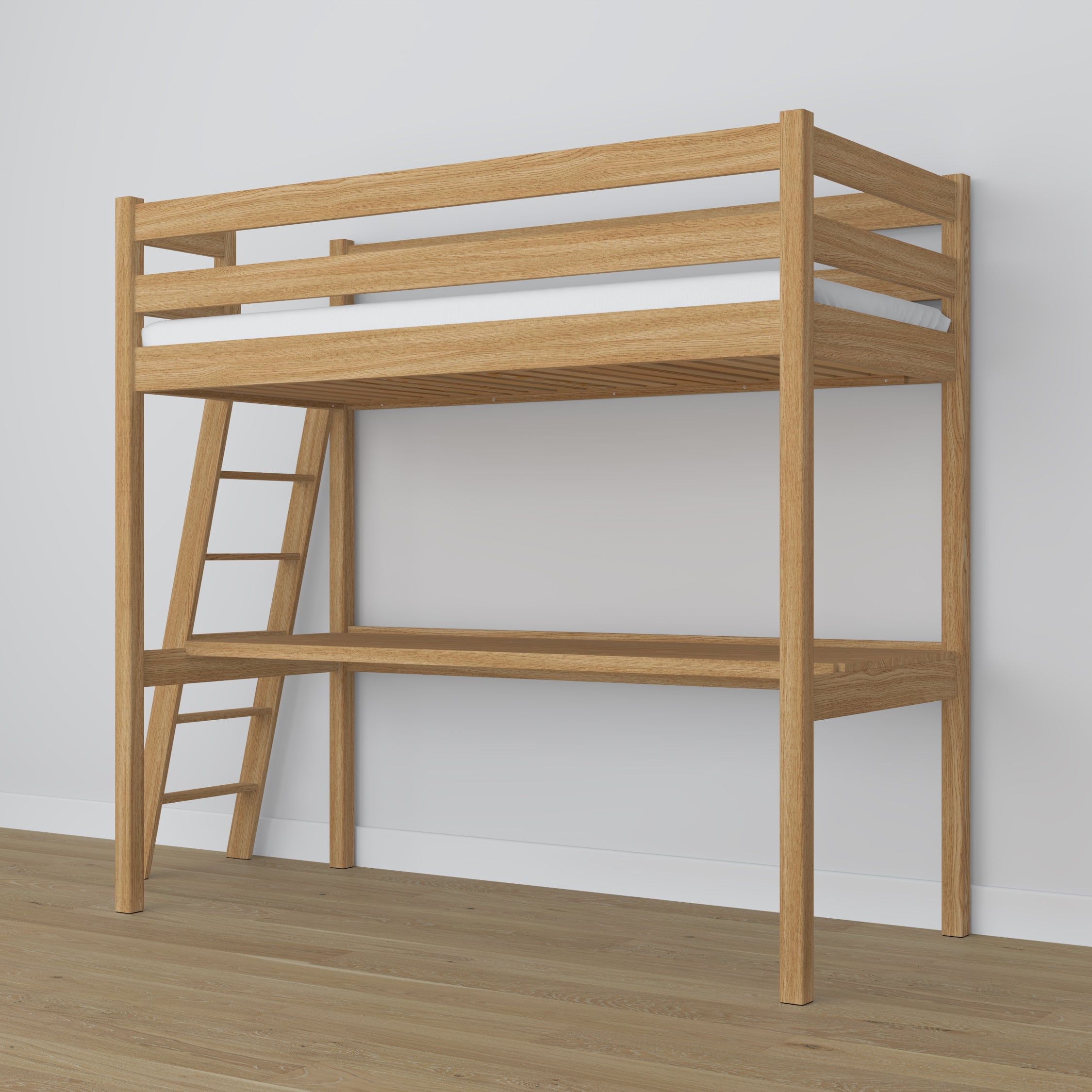 Loft bed natural oak – oak desk under the sleeping area, scandi children’s room