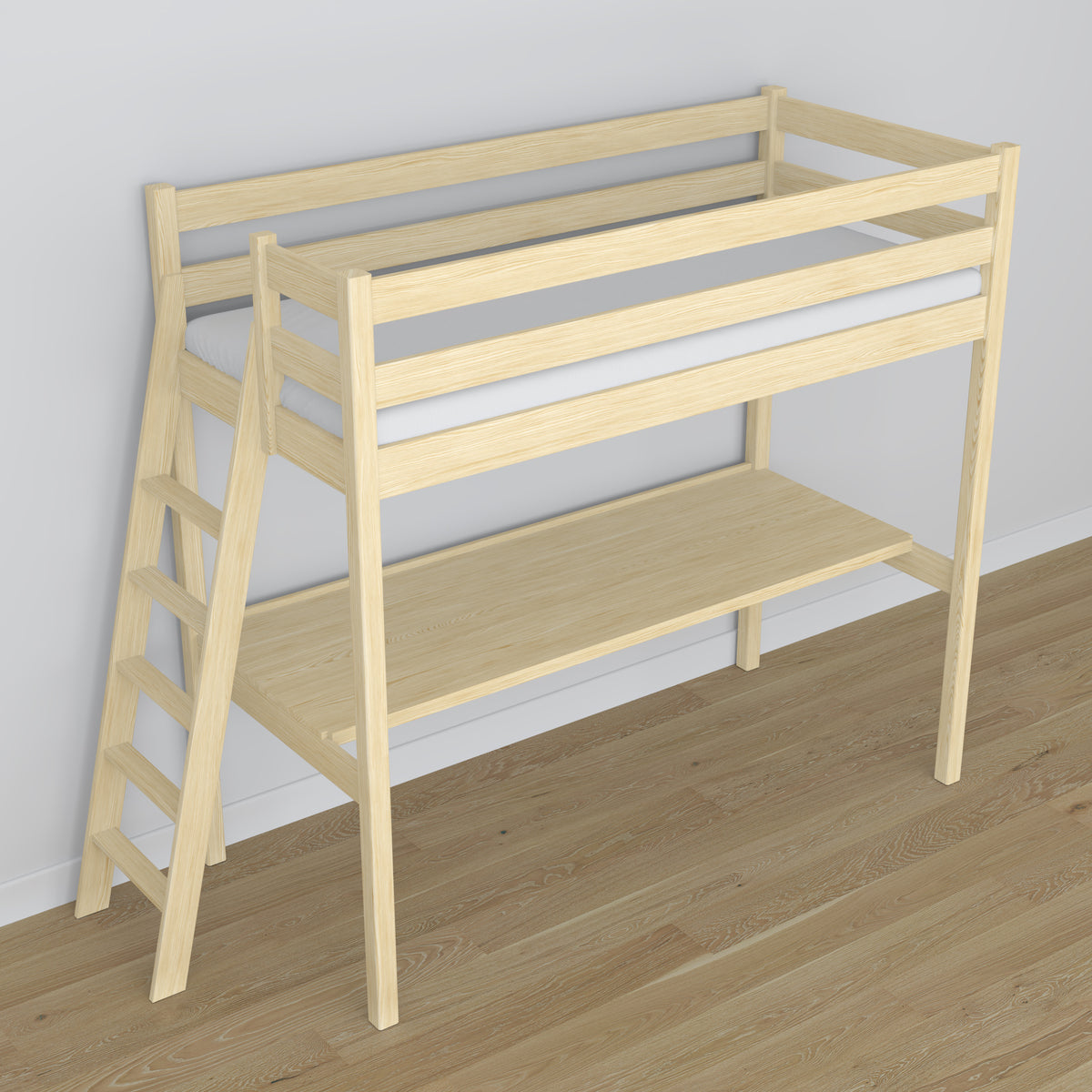 Loft bed clear pine wooden – top view of the sleeping area, Nizio