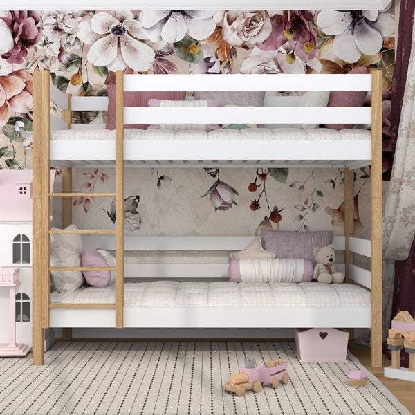 White and Oak Bunk Bed – Wooden Ladder and Safety Rail, Nizio Home
