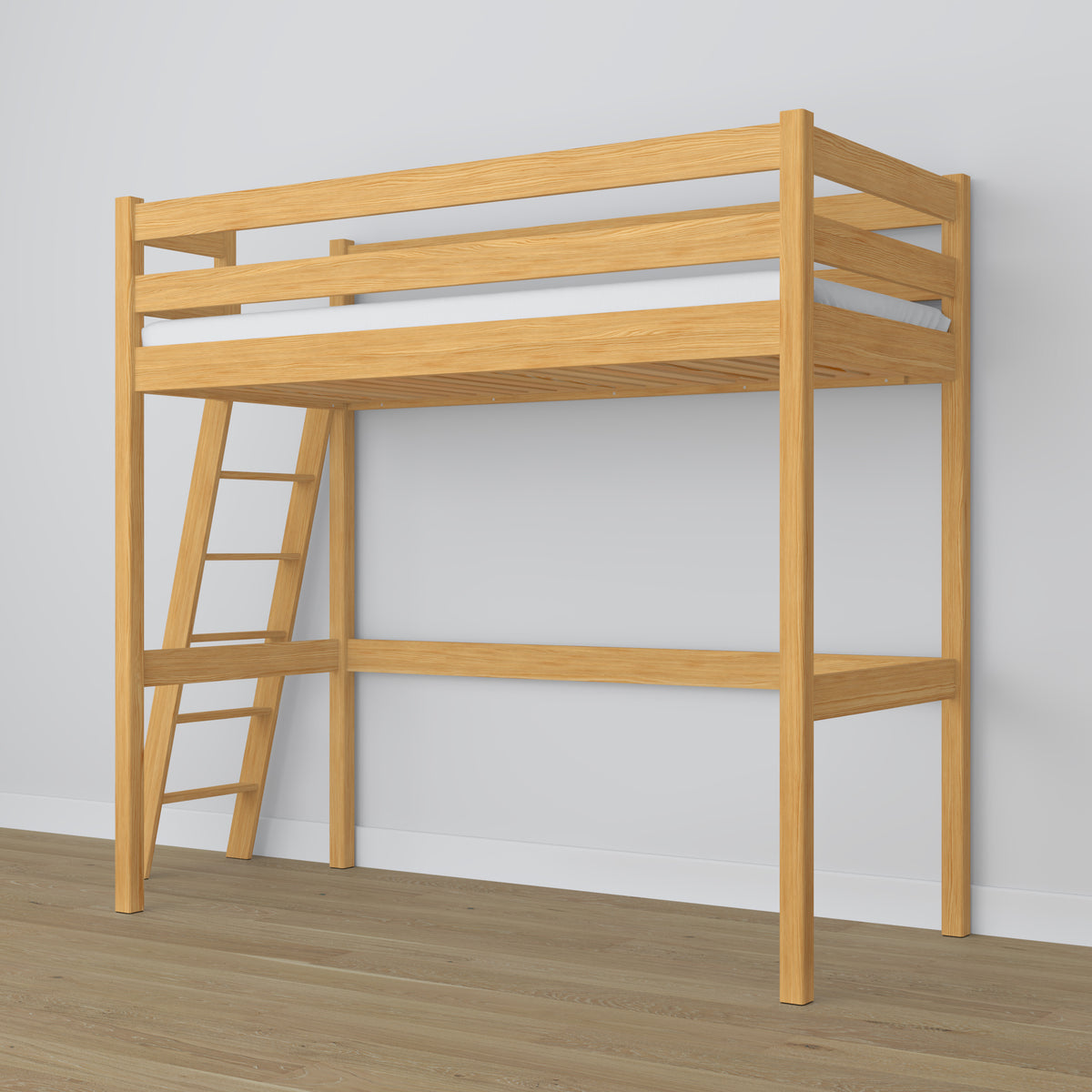 Loft bed natural pine in children’s room – scandi arrangement, wooden