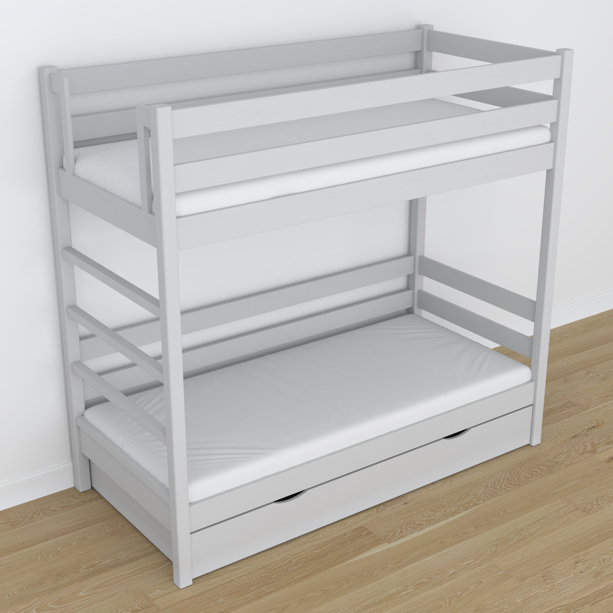 Grey Bunk Bed – Wooden Slatted Frame, Side View