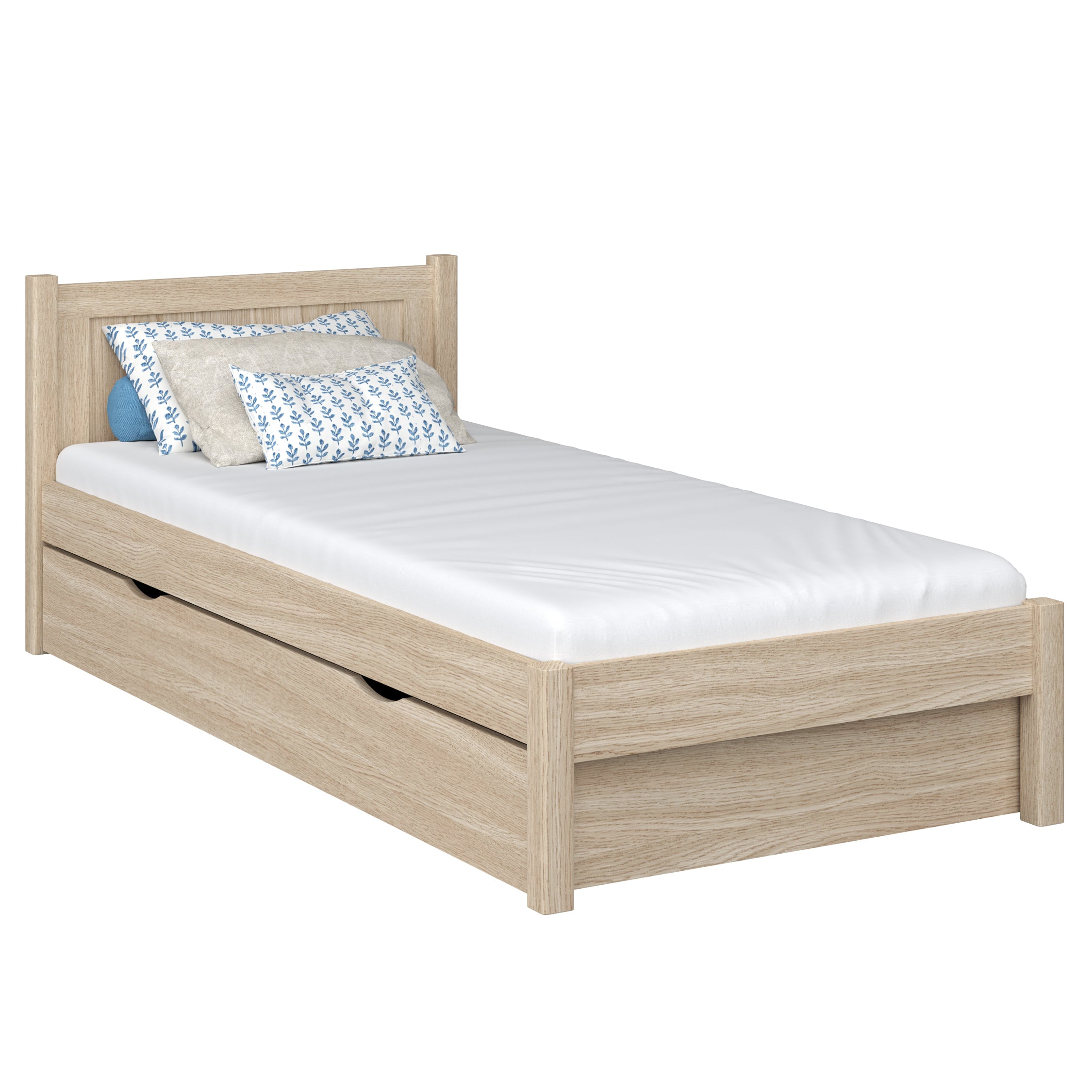 Oak bed with drawer bleached oak – open drawer, storage interior
