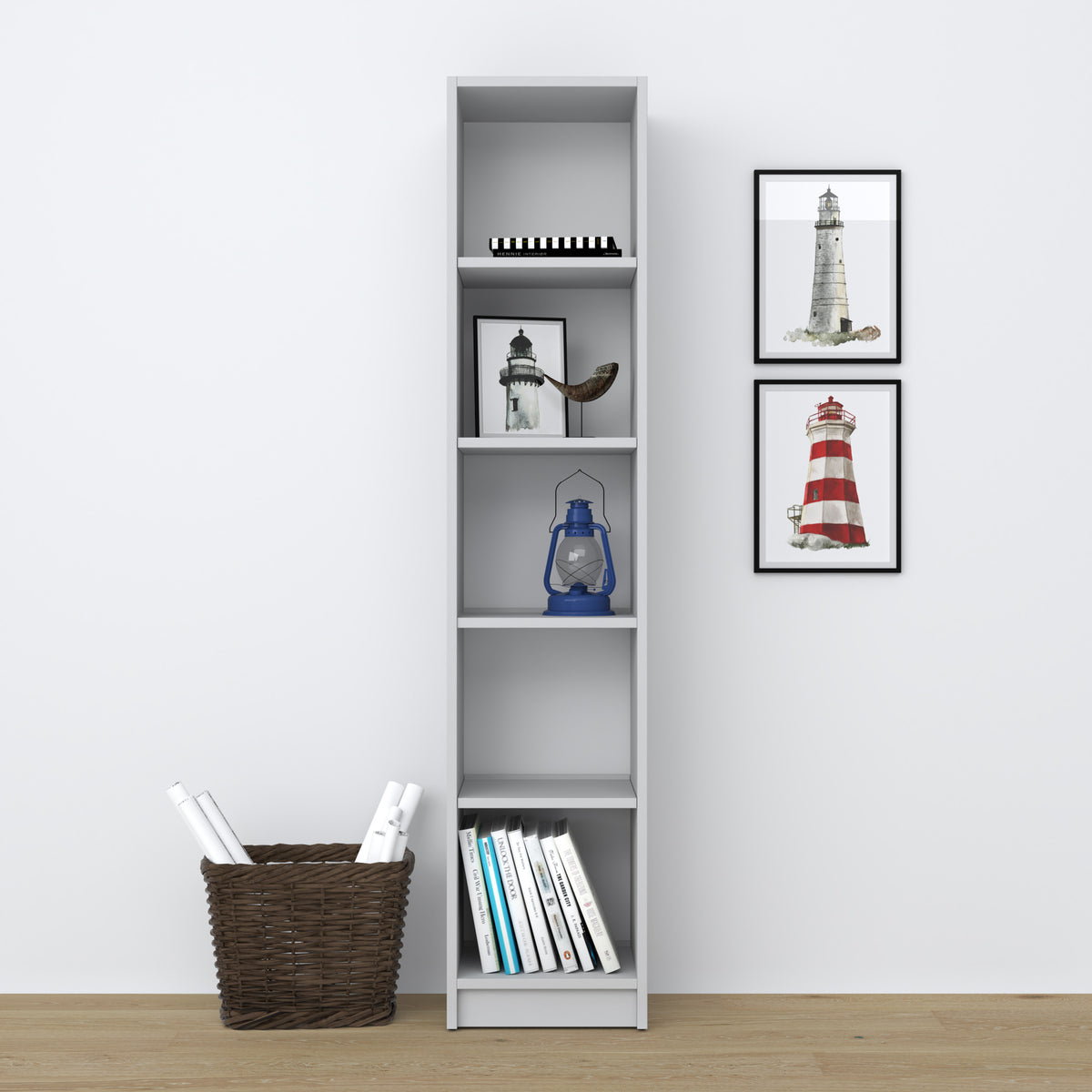 Bookcase grey – wooden, front view, all shelves, Nizio