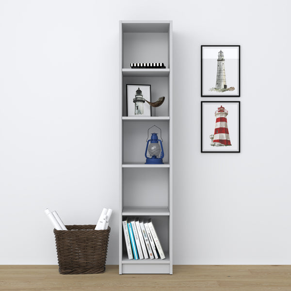 Bookcase grey – wooden, front view, all shelves, Nizio