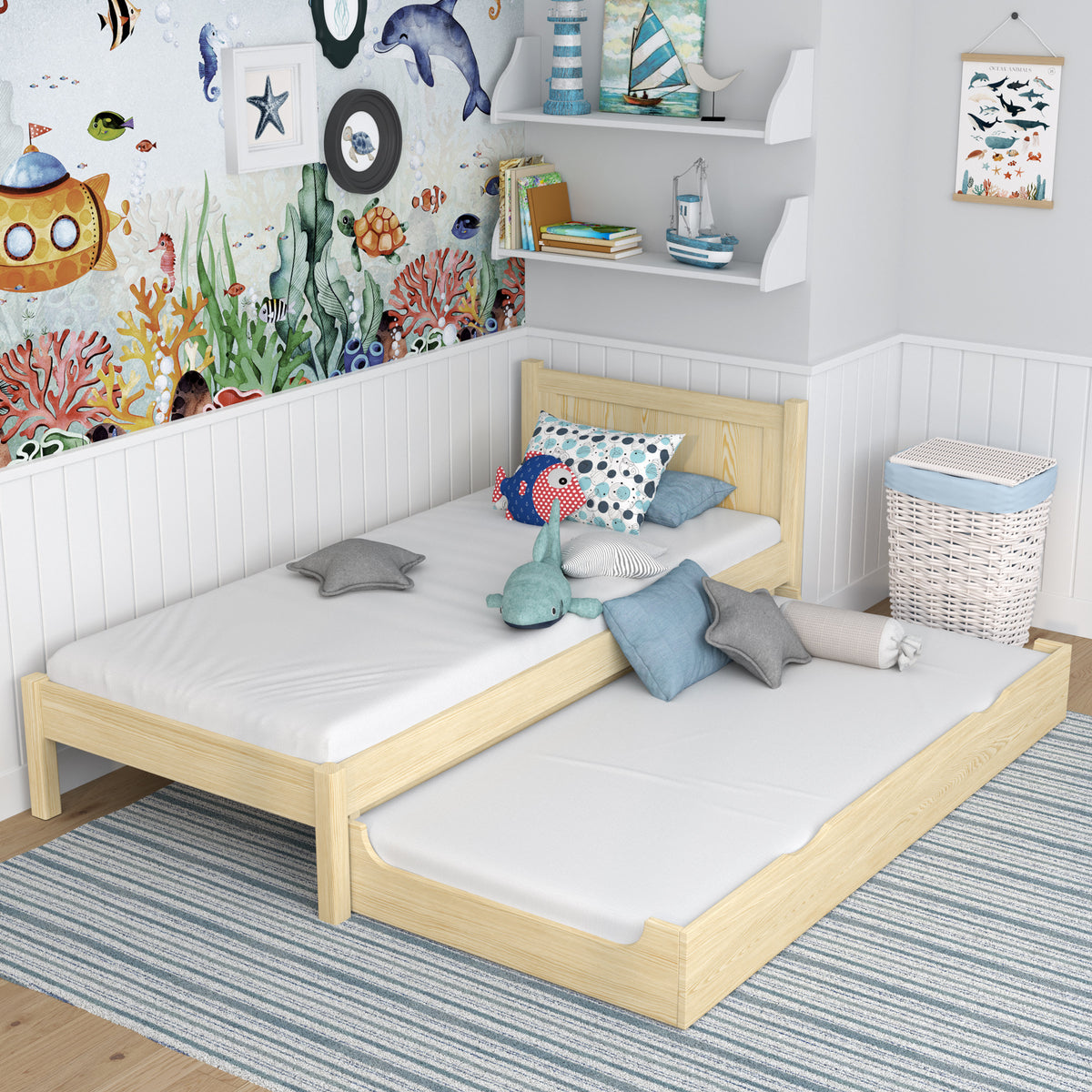 Wooden bed with mattress drawer clear pine – extended drawer, guest