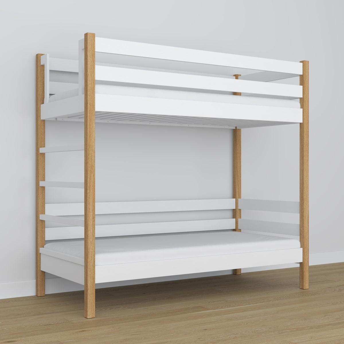 White and Oak Wooden Bunk Bed – Upper and Lower Sleeping Area, Scandi