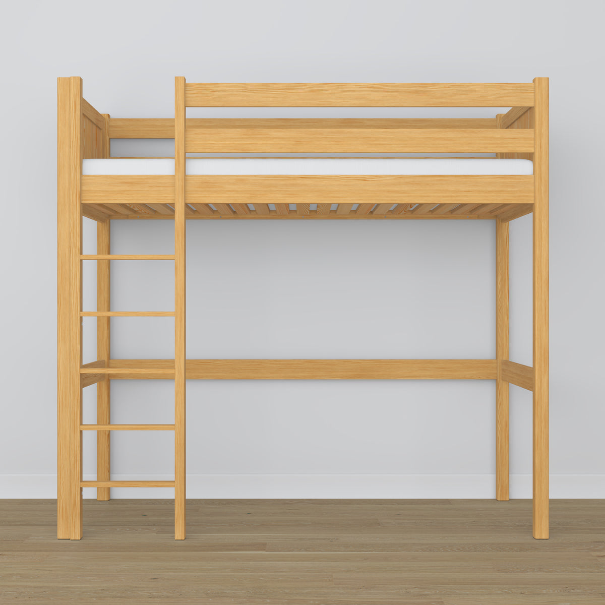 Loft bed natural pine – wooden ladder and safety rail, Nizio Home