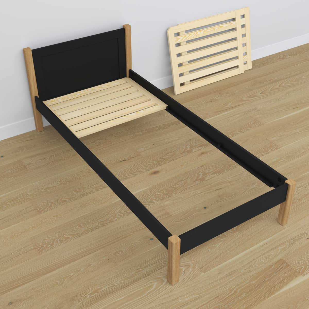 Bed with mattress drawer black-oak made of wood – dimensions, Nizio