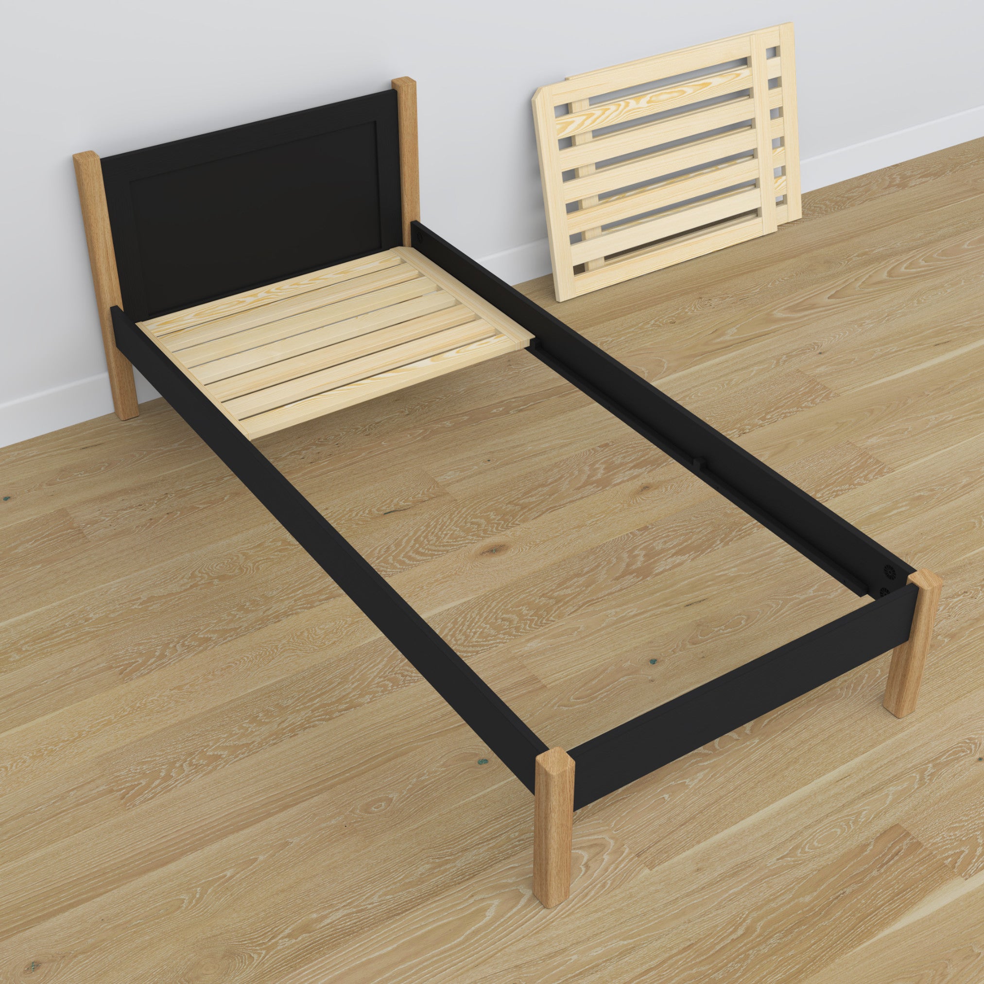 Bed with mattress drawer black-oak made of wood – dimensions, Nizio