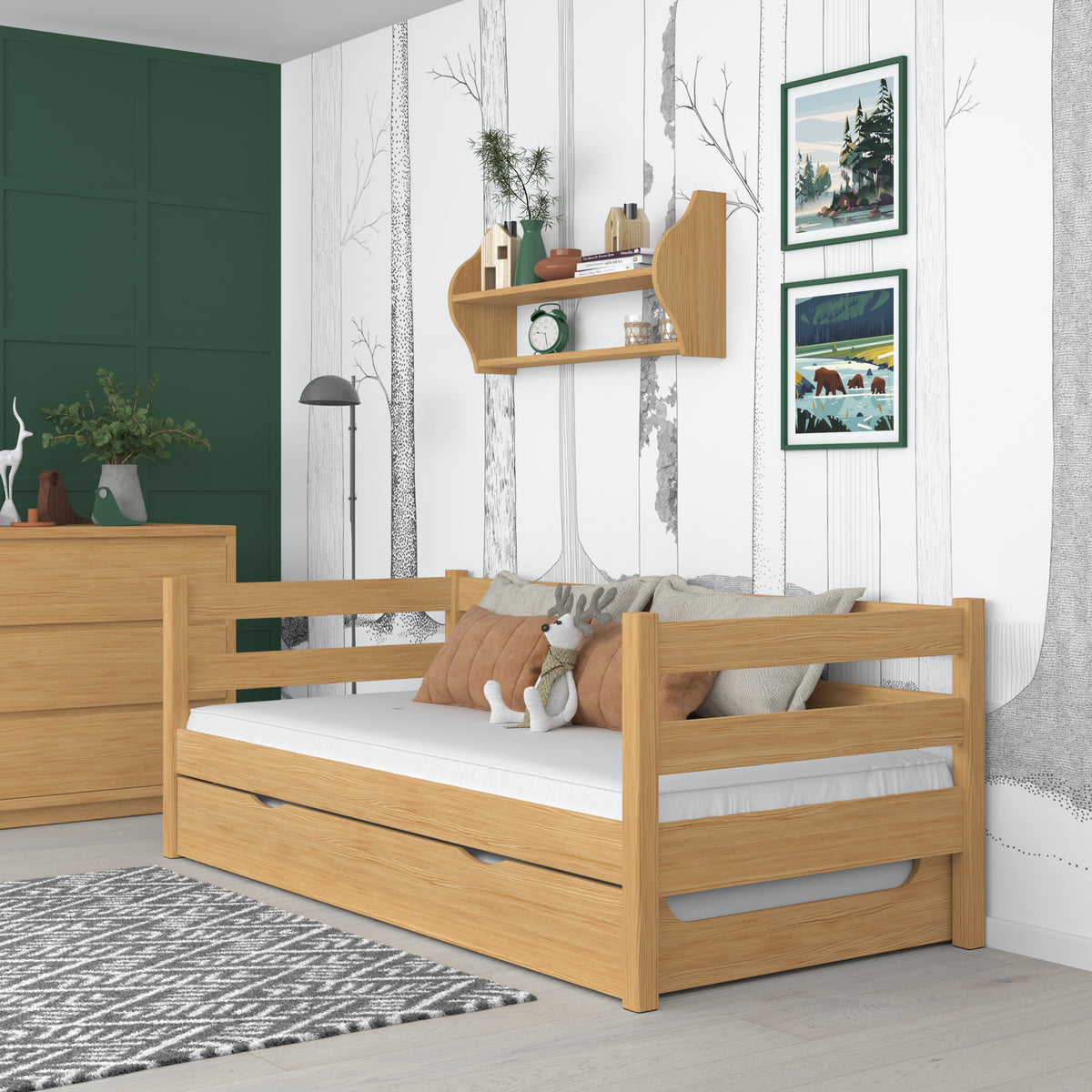 Natural pine sofa bed – wooden side barrier, side view, Nizio