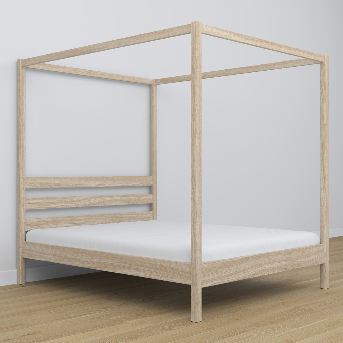 Double bed bleached oak with canopy – decorative oak frame, scandi