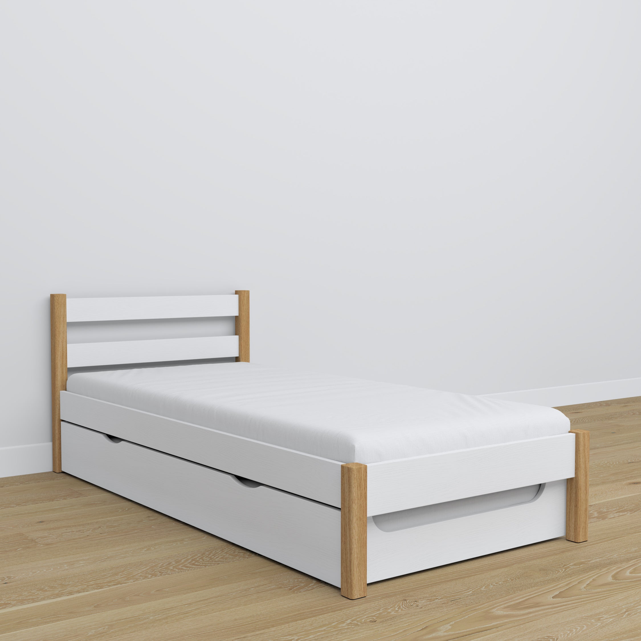 Wooden bed with mattress drawer white-oak – child’s room arrangement
