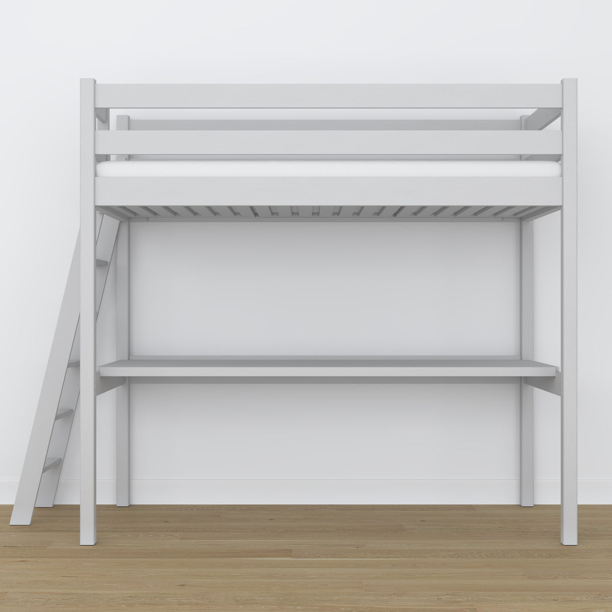 Loft bed grey with desk – study space under the sleeping area, wooden