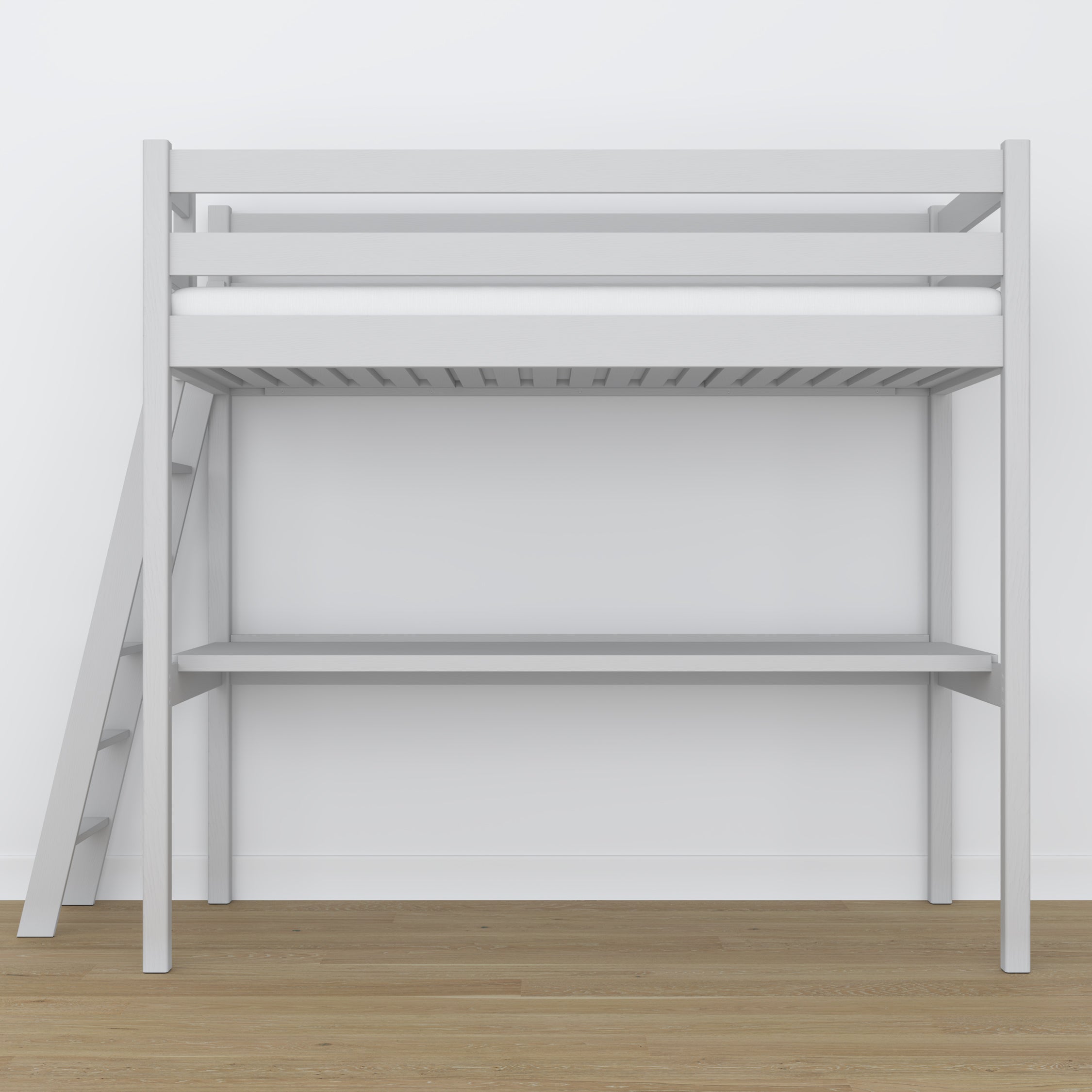 Loft bed grey with desk – study space under the sleeping area, wooden