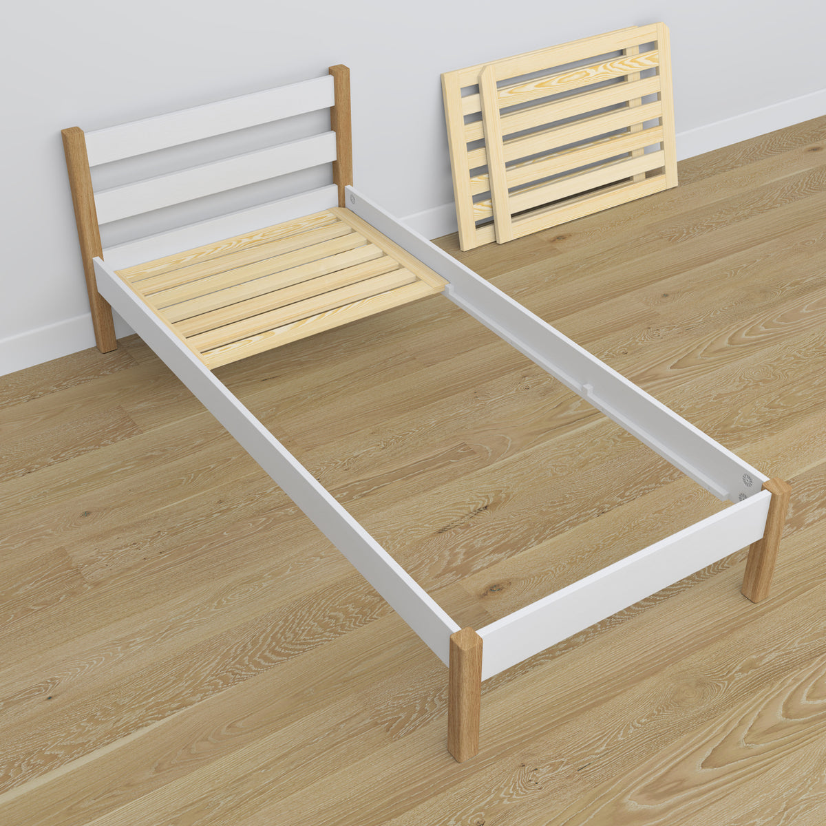 Bed with mattress drawer white-oak made of wood – dimensions, Nizio
