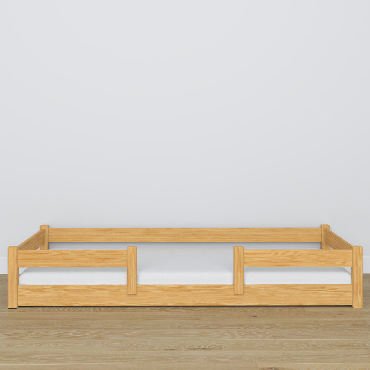 Low Bed Natural Pine – Wooden Headboard, Close-up of Wood Quality