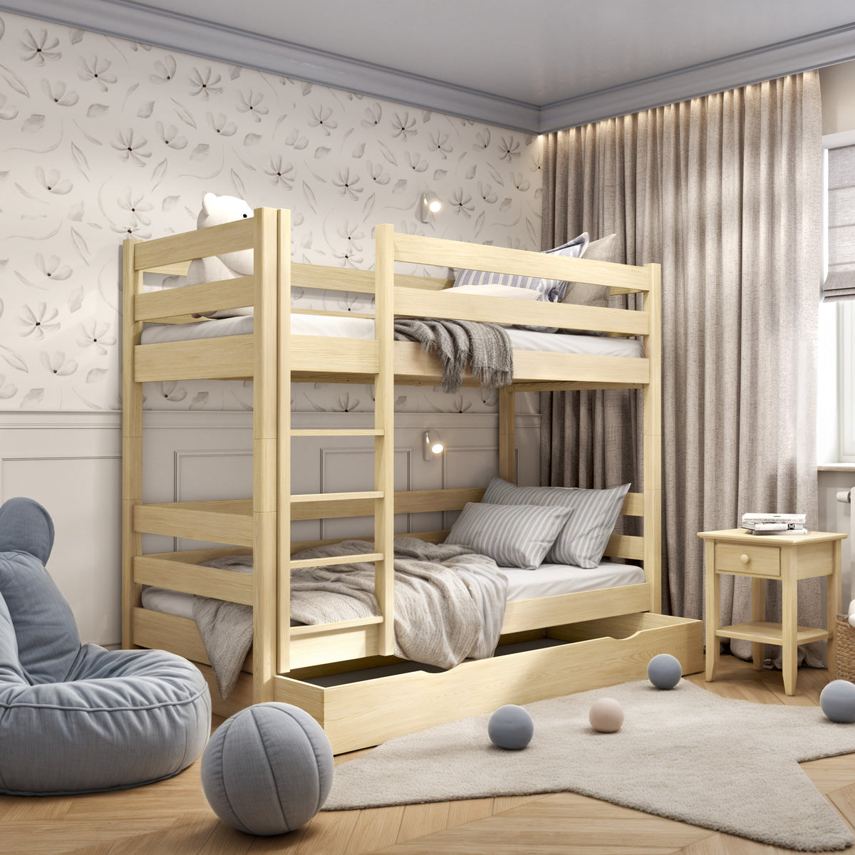 Clear Pine Bunk Bed with Drawer – Wooden Safety Rail and Ladder, Nizio