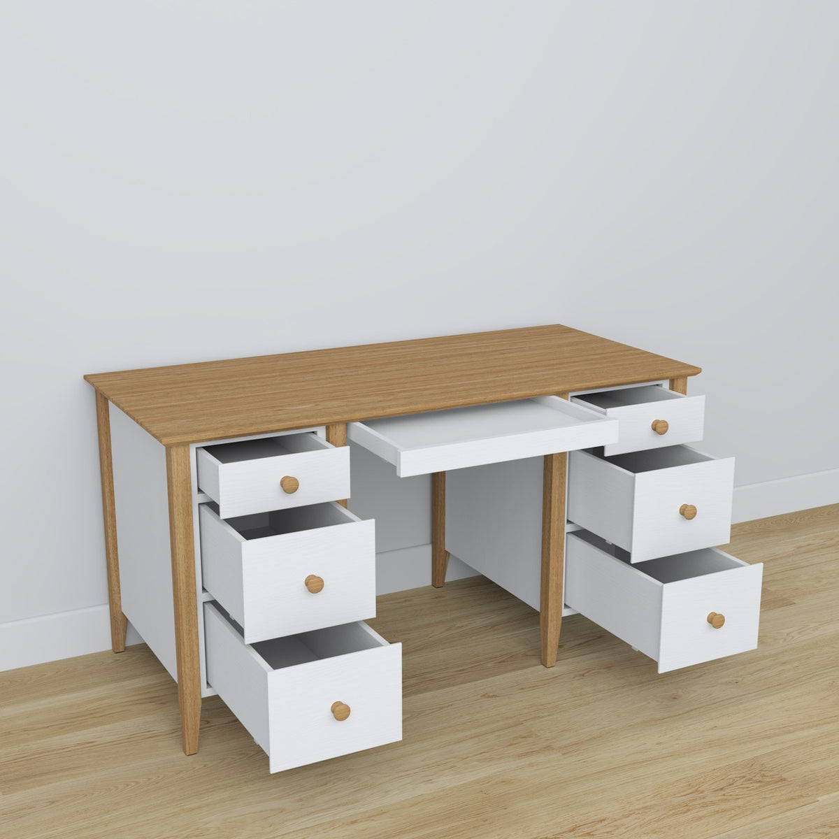Desk 6S wooden white with oak – open drawers, document storage compartments