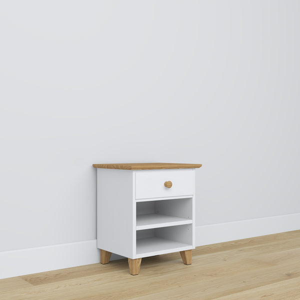 Bedside table N02 white with oak – wooden, front view, Nizio Home