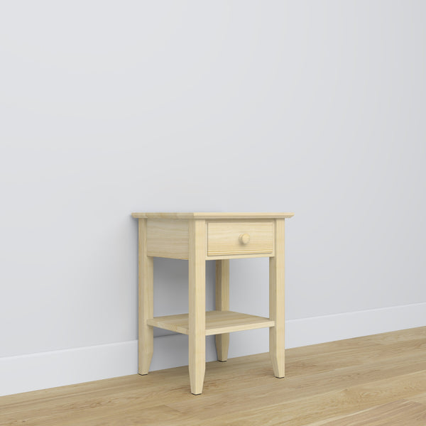 Bedside table N01 clear pine – pine wood, front view, Nizio Home