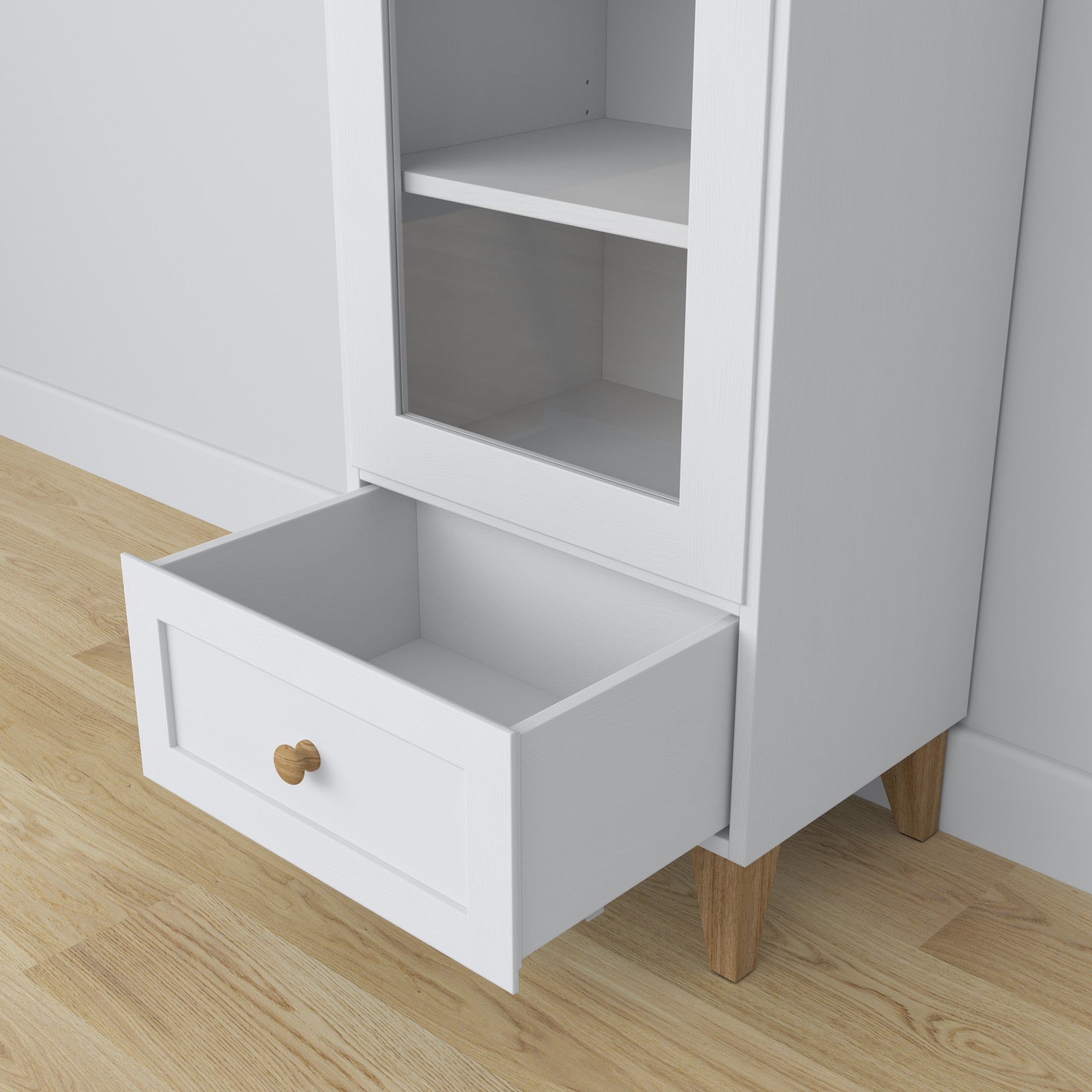 Display cabinet 1S wooden white with oak in living room – Scandinavian arrangement, Nizio