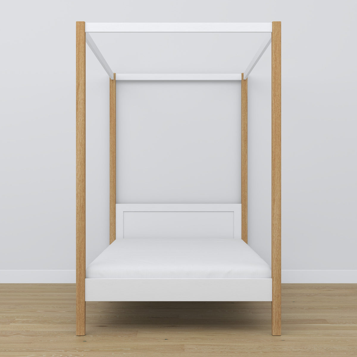 Wooden canopy bed white-oak – close-up of canopy and headboard