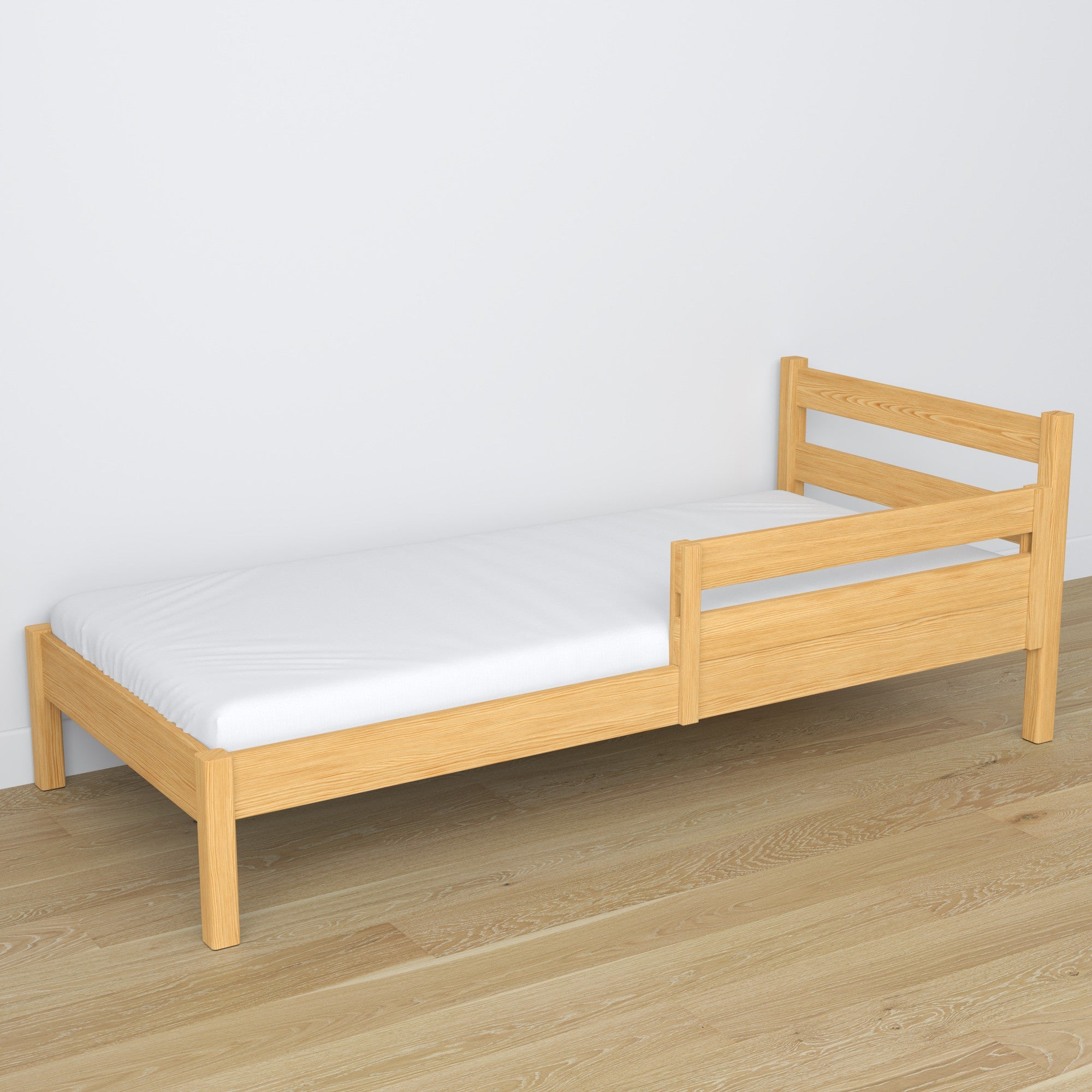 Wooden safety rail natural pine in children’s bed – scandi arrangement