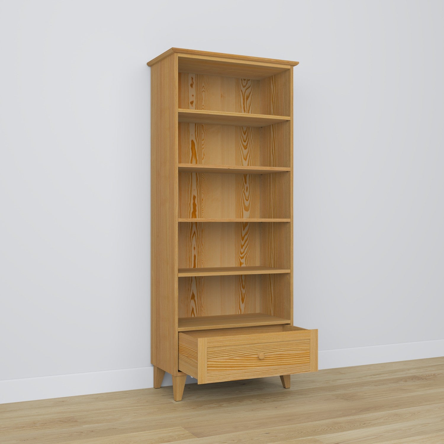 Bookcase 1S pine natural pine – open drawer, storage for small items