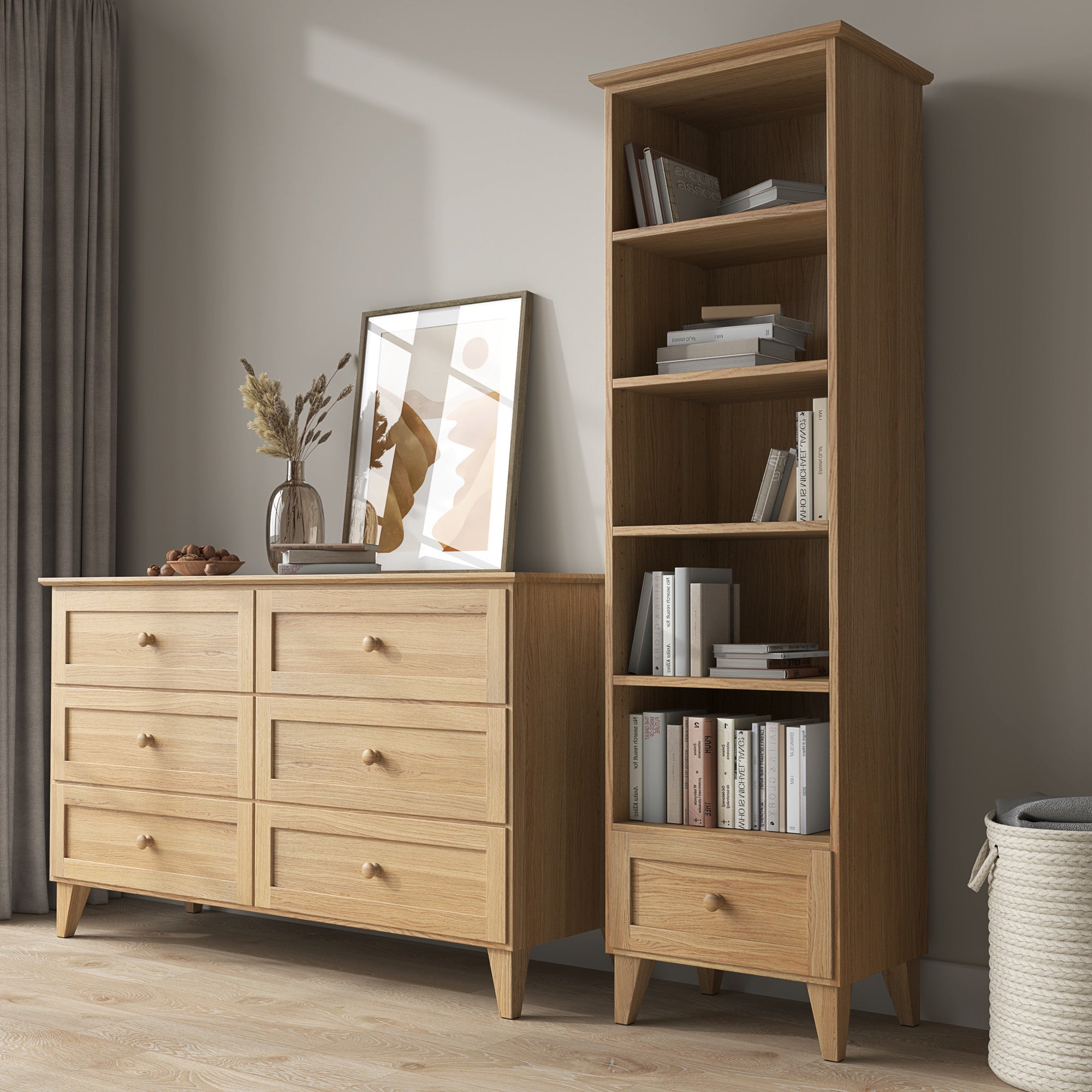 Bookcase 1S 57 natural oak – oak, all shelves, front view, Nizio